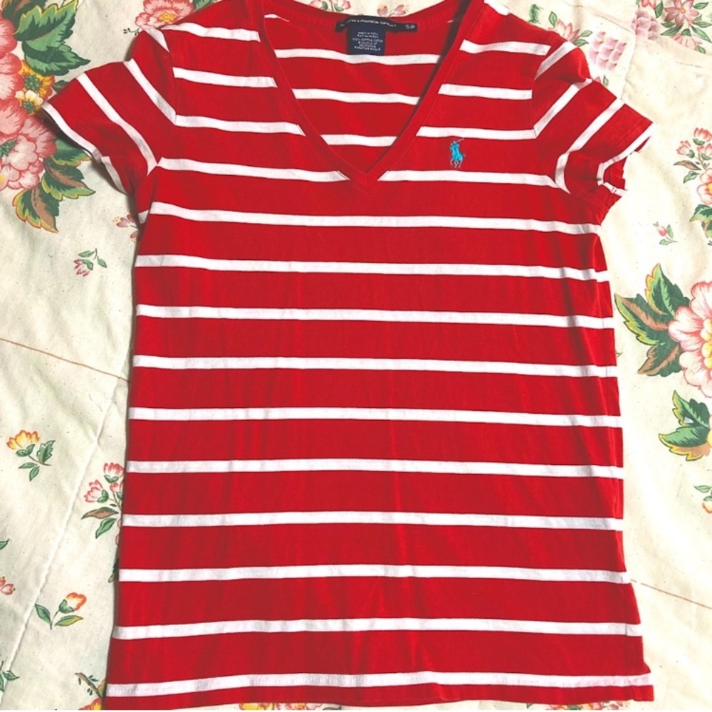 Ralph Lauren Red and White Striped V-Neck T-Shirt